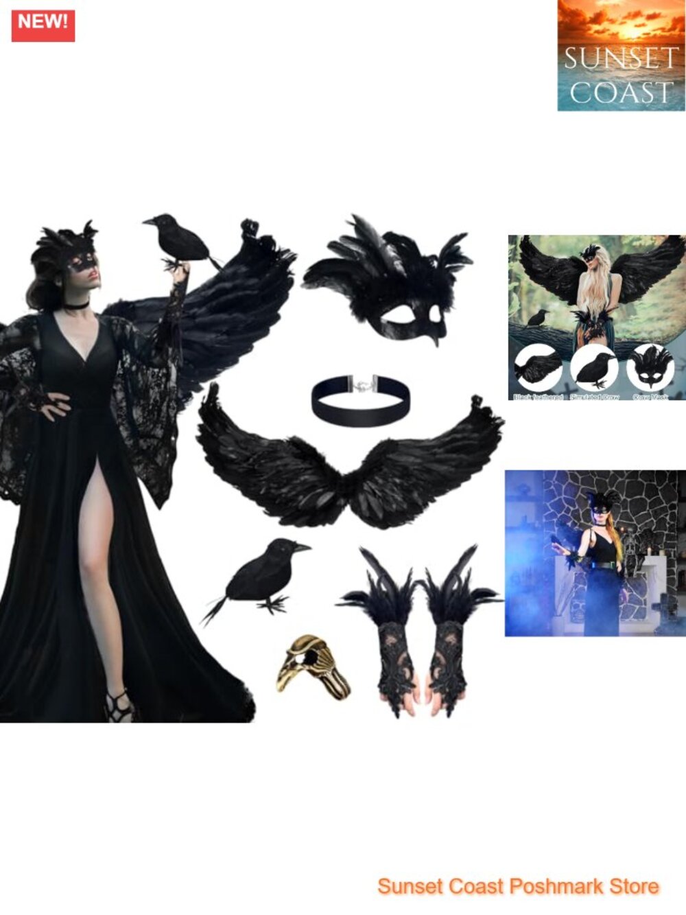 Feather Wing Costume Set Crow Mask Cuffs Necklace Ring Cosplay Accessories